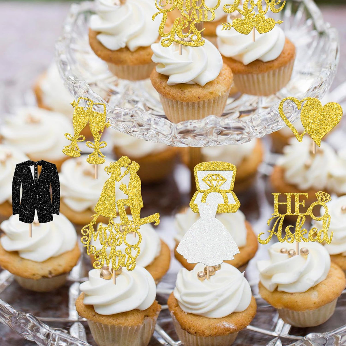 30 Pack Bride to be Cupcake Toppers Glitter Diamond Ring I Do Love Cupcake Picks Miss to Mrs He