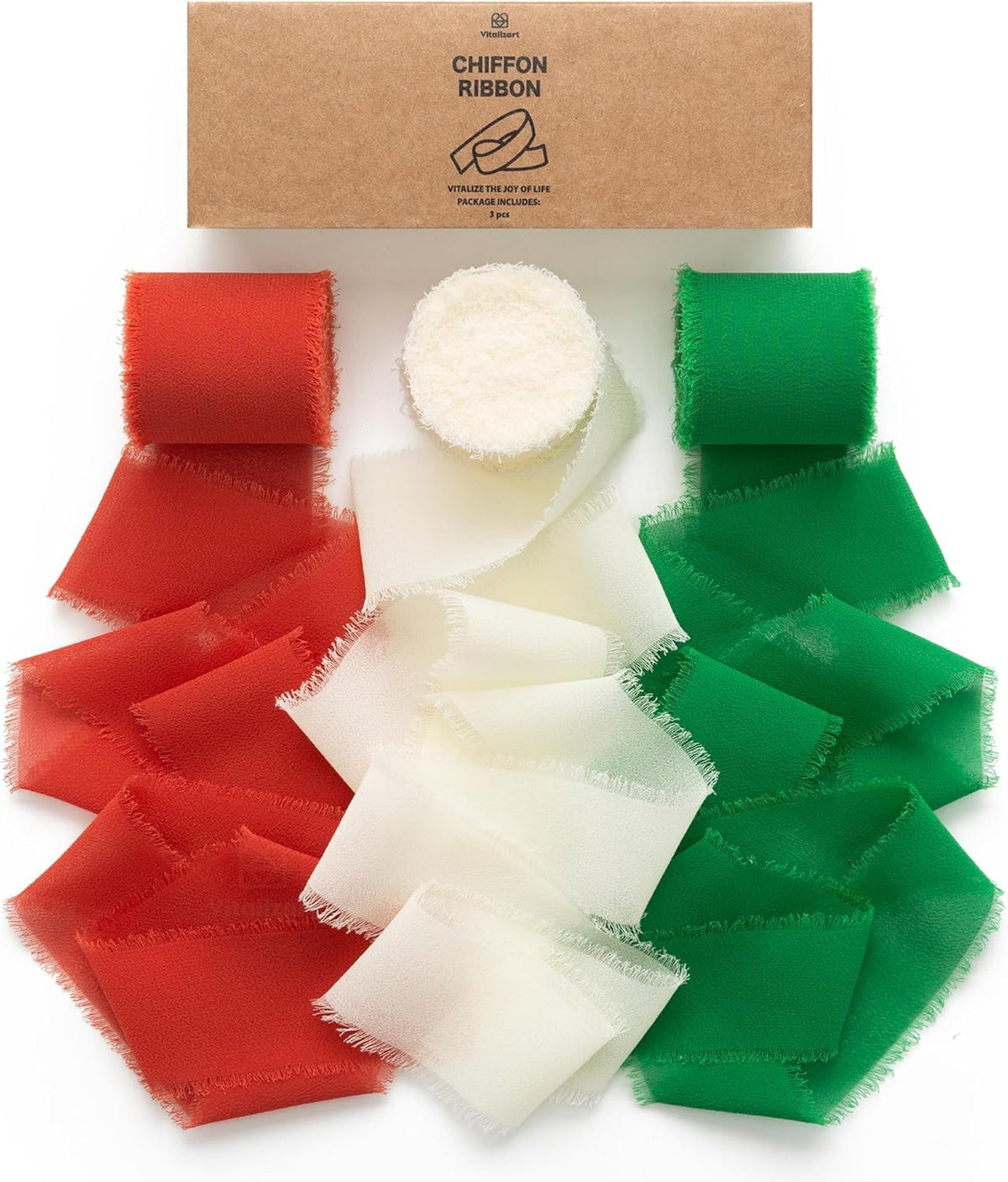 Vitalizart Christmas Handmade Chiffon Silk Ribbon Fringe 1.5" x 21 Yd Frayed Edges Ribbons for