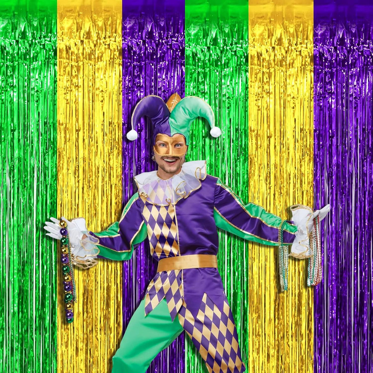 4 Pack Mardi Gras Foil Fringe Curtain Backdrop, 3.28Ft x 8.2Ft Gold Green Purple Metallic Tinsel