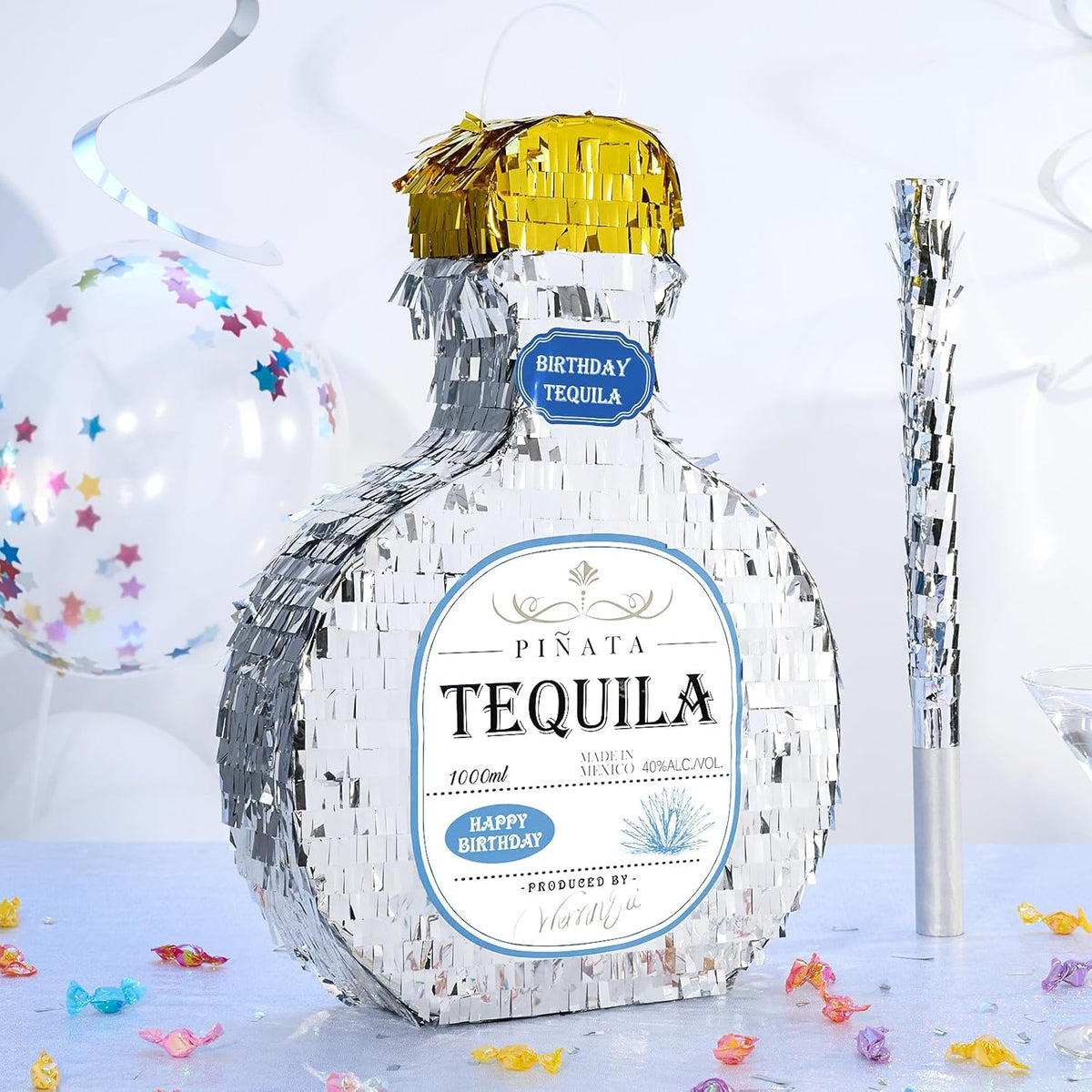 WERNNSAI Tequila Bottle Pinata - Disco Party Decorations for Adults Silver Patron Tequila Pinata