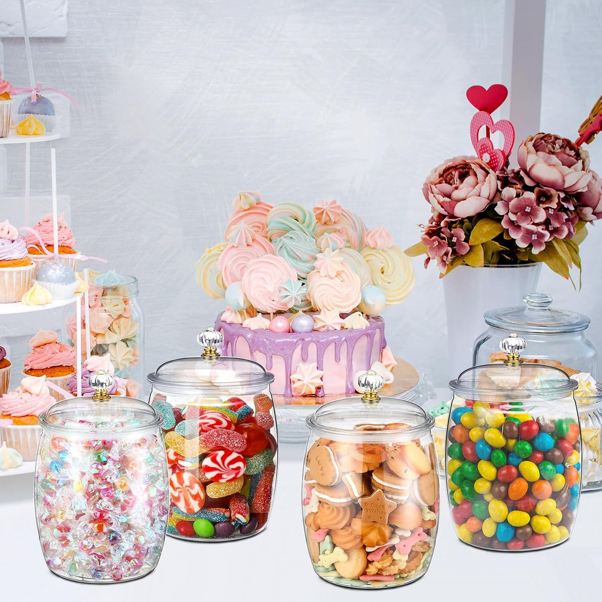Nuogo 4 Pcs Plastic Candy and Cookie Jars with Lids Clear Cookie Container Candy Jars Large