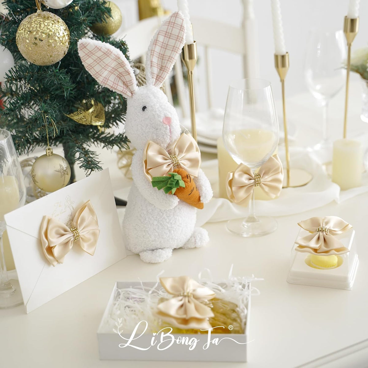 Champagne Gold Ribbon Bow 4'' Premade Satin Bows, Gift Bows with Rhinestone, Wrapping Bow for