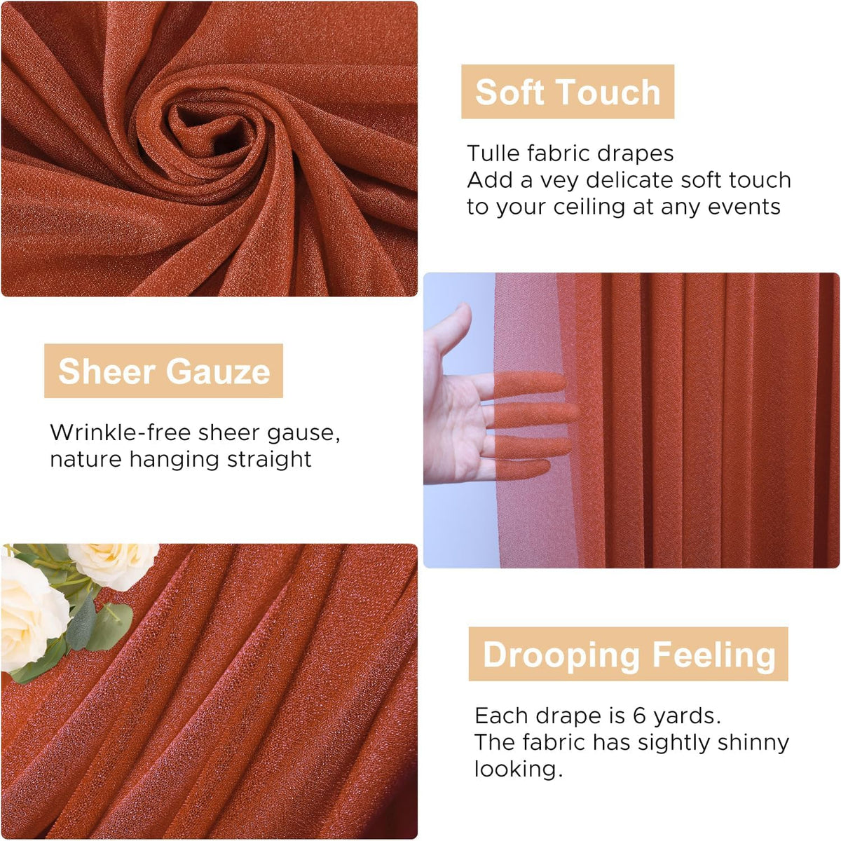 Wokceer Wedding Arch Draping Fabric Terracotta 28.7" x 20FT Sheer Drapes Backdrop for Ceremony