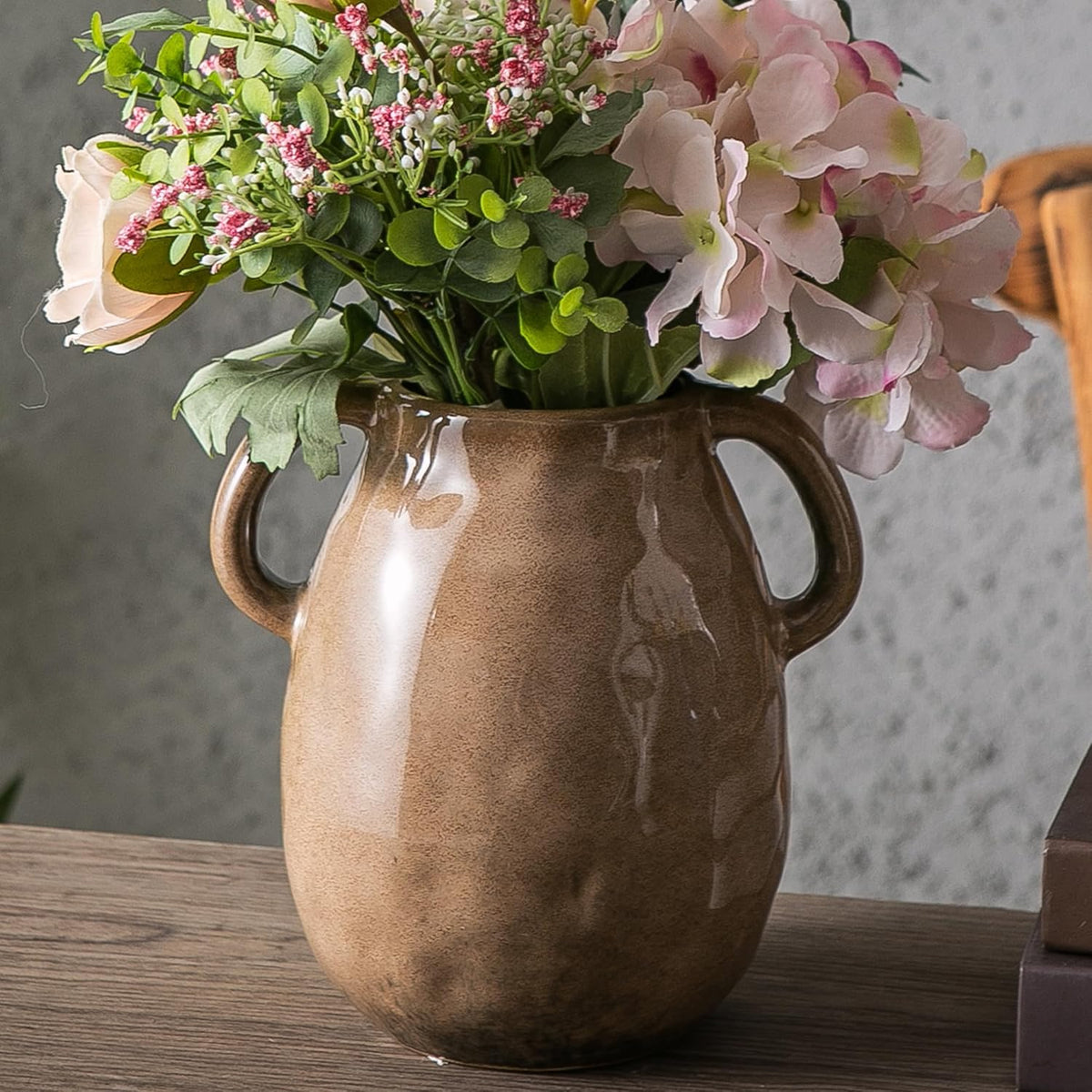 Kimdio Brown Ceramic Vase with 2 Handles, Modern Farmhouse Vase for Home Decor, Vintage Rustic