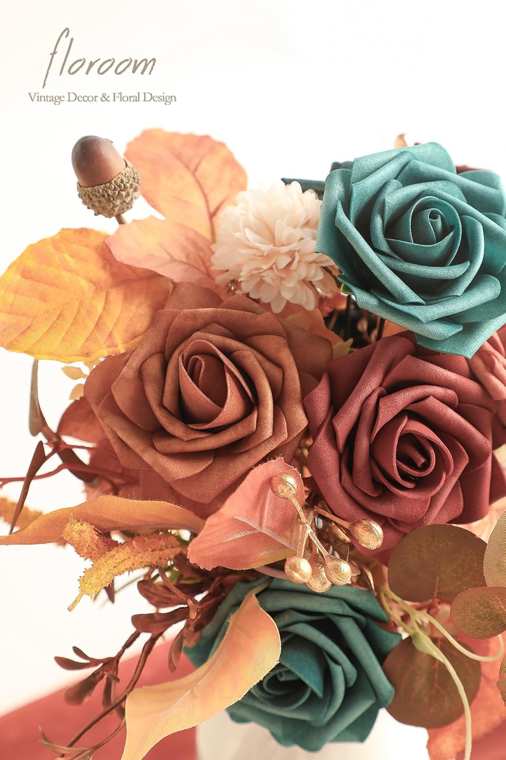 Floroom Artificial Flowers 25pcs Real Looking Teal Green Terracotta Ombre Colors Foam Fake Roses