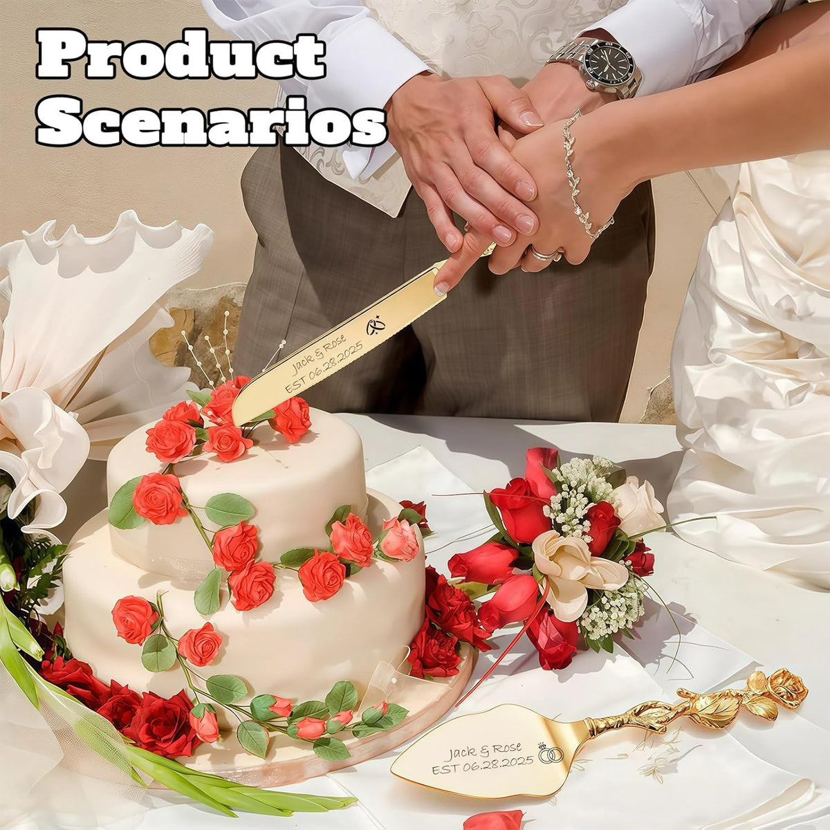 Personalized Wedding Cake Knife and Server Set, Custom Name/Date Cake Cutting Set for Wedding