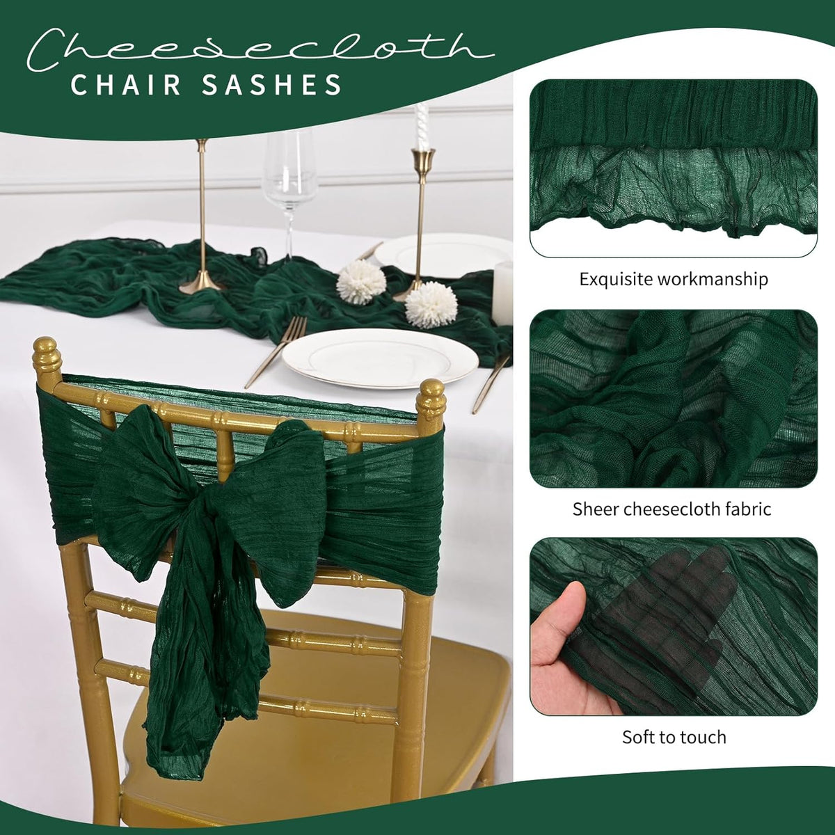 50 PCS Cheesecloth Chair Sashes, Bows Designed ChairSashes, 15.7x70 inch Chair Sashes for Aisle