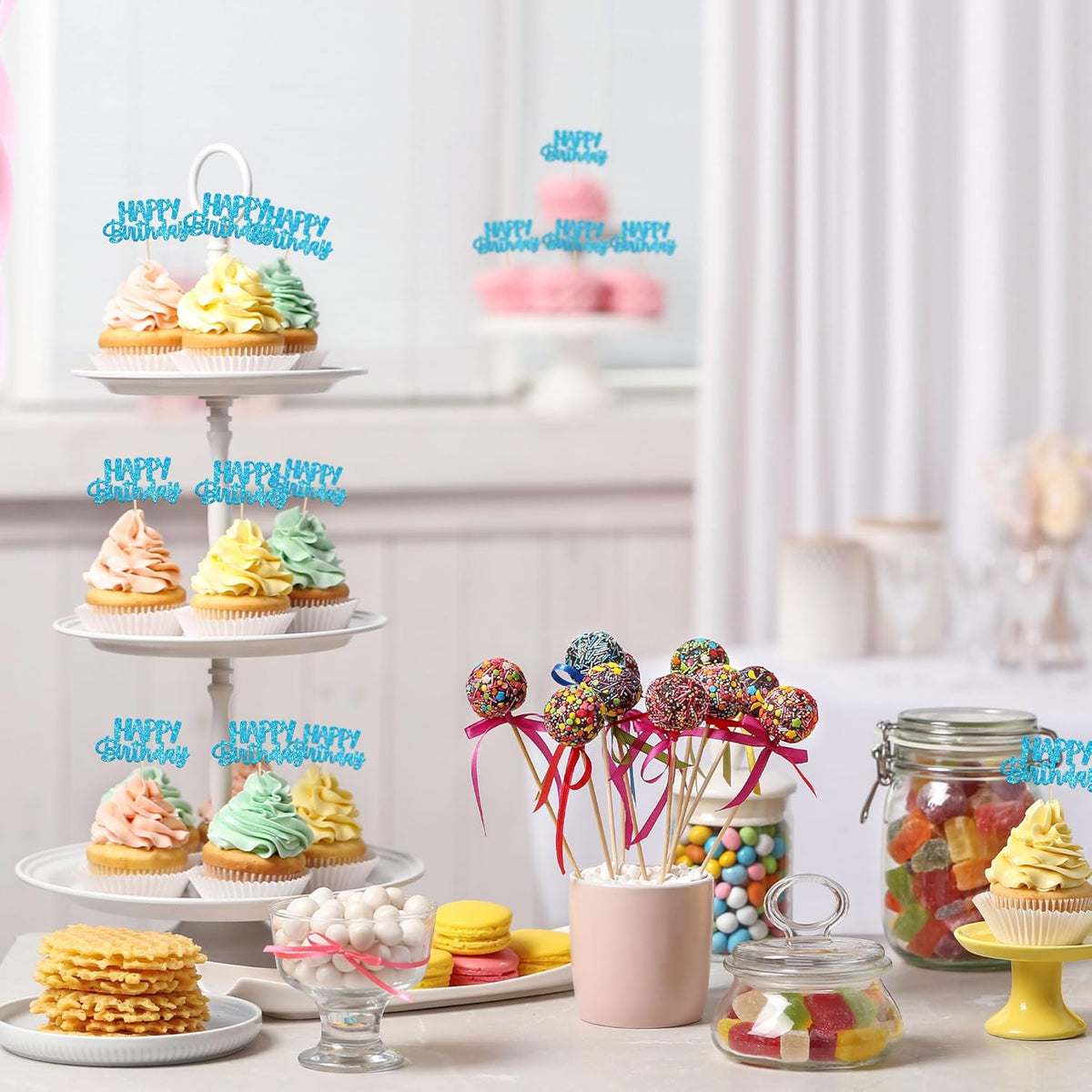Gyufise Happy Birthday Cupcake Toppers Blue Glitter Birthday Cake Topper Picks Dessert Topper