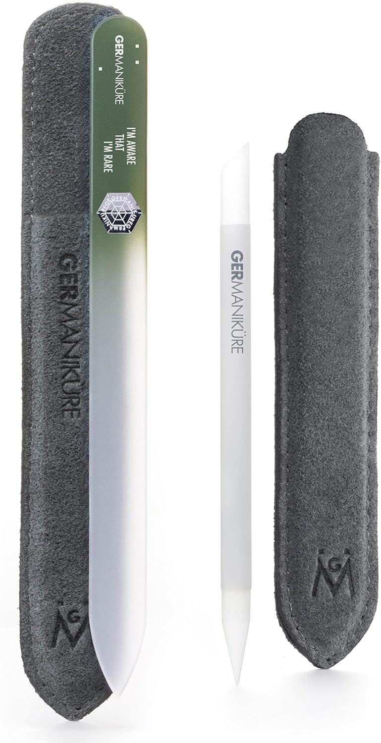 GERMANIKURE 2 Pc Glass Bundle - Crystal Glass Cuticle Stick & I'm Aware That I'm Rare Nail File Set