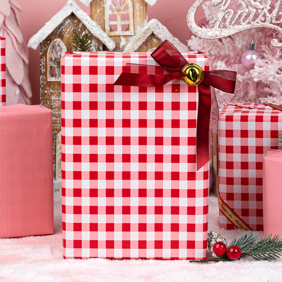 Burymento Red Checkerboard Wrapping Paper, Gift Wrap for Birthday, Valentines, Mothers day
