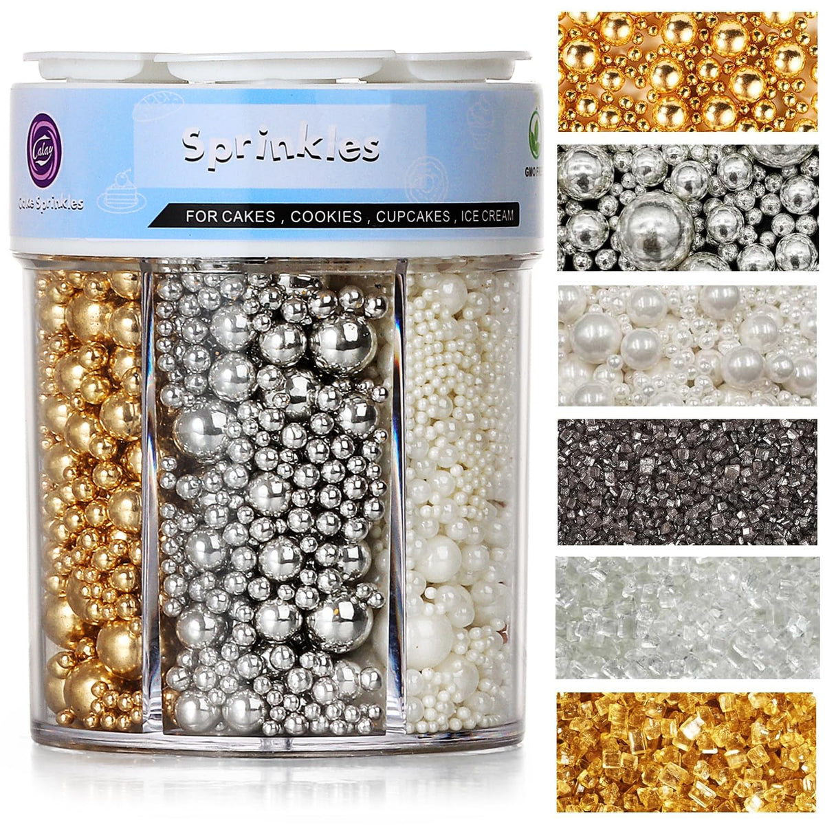 Sprinkles for Cake Decorating, 11Oz 3 Colors Gold Silver White Pearl and Sanding Sugar Sprinkles
