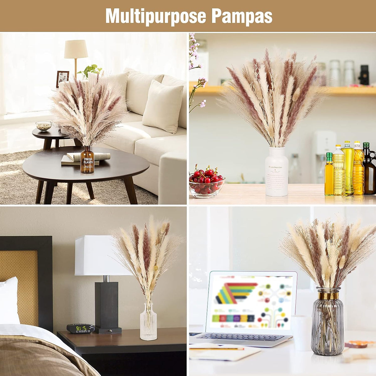 N&T NETING 75Pcs Pampas Grass Decor-10Pcs White Pampas Grass, 20Pcs Brown Pampas, 10Pcs Bunny Tail