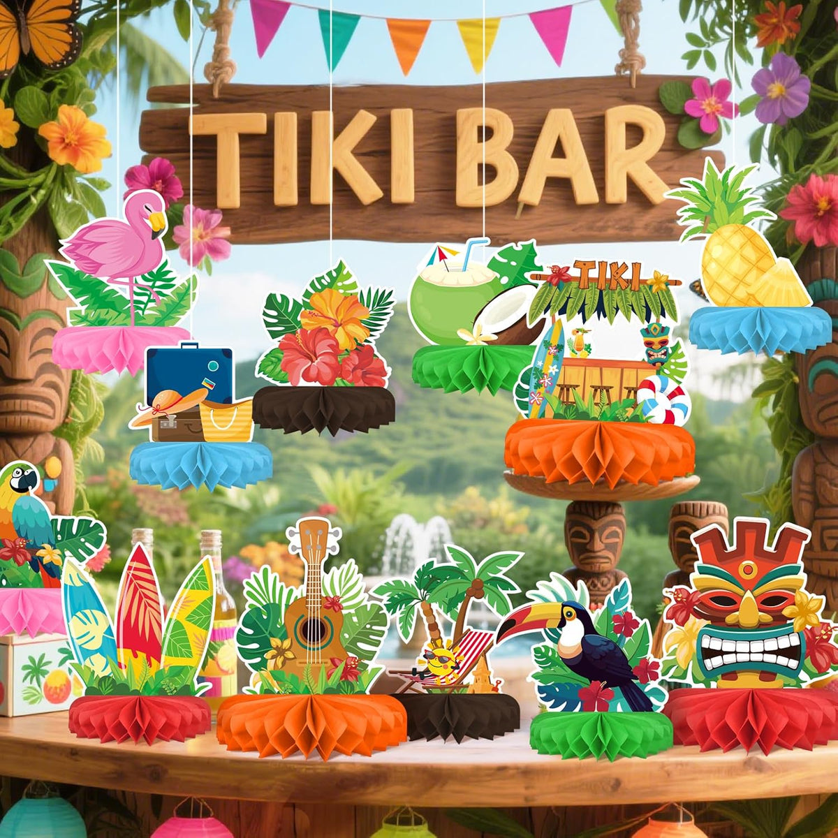 Hawaiian Luau Party Decorations Set: Aloha Theme Table Decoration with Luau Honeycomb Centerpiece