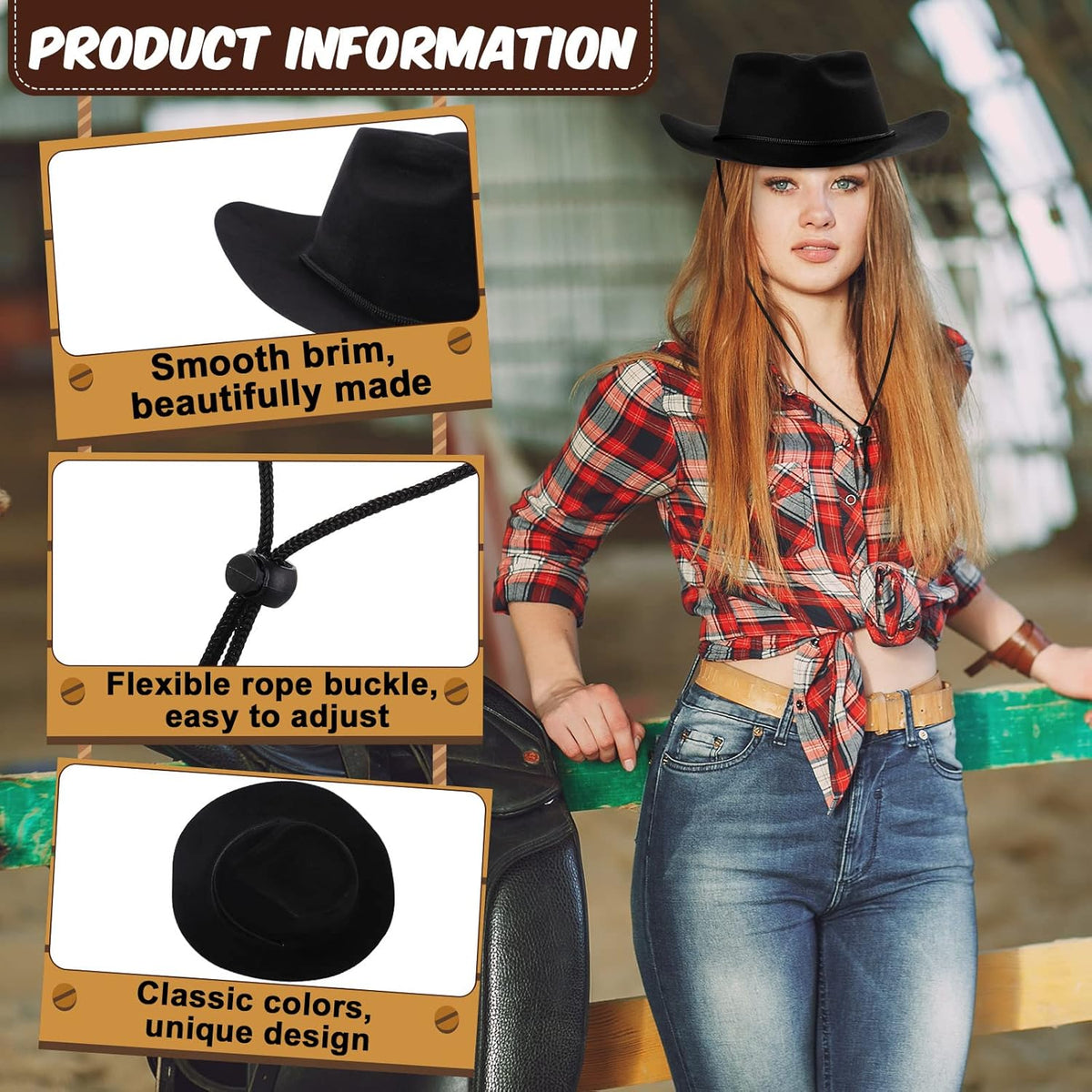 Mepase 24 Pieces Disposable Plastic Western Cowboy Hat Set Felt Wide Brimmed Cowgirl Hats for Men