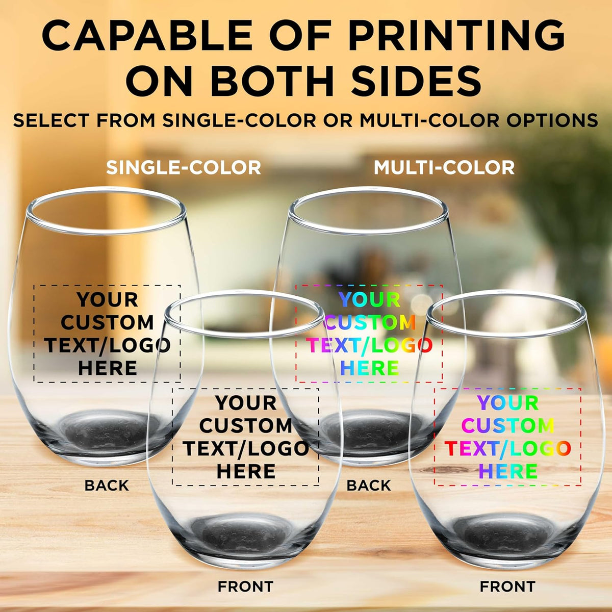 Custom Stemless Wine Glass 9 oz. Set of 100, Personalized Bulk Pack - Great for Wedding Favors