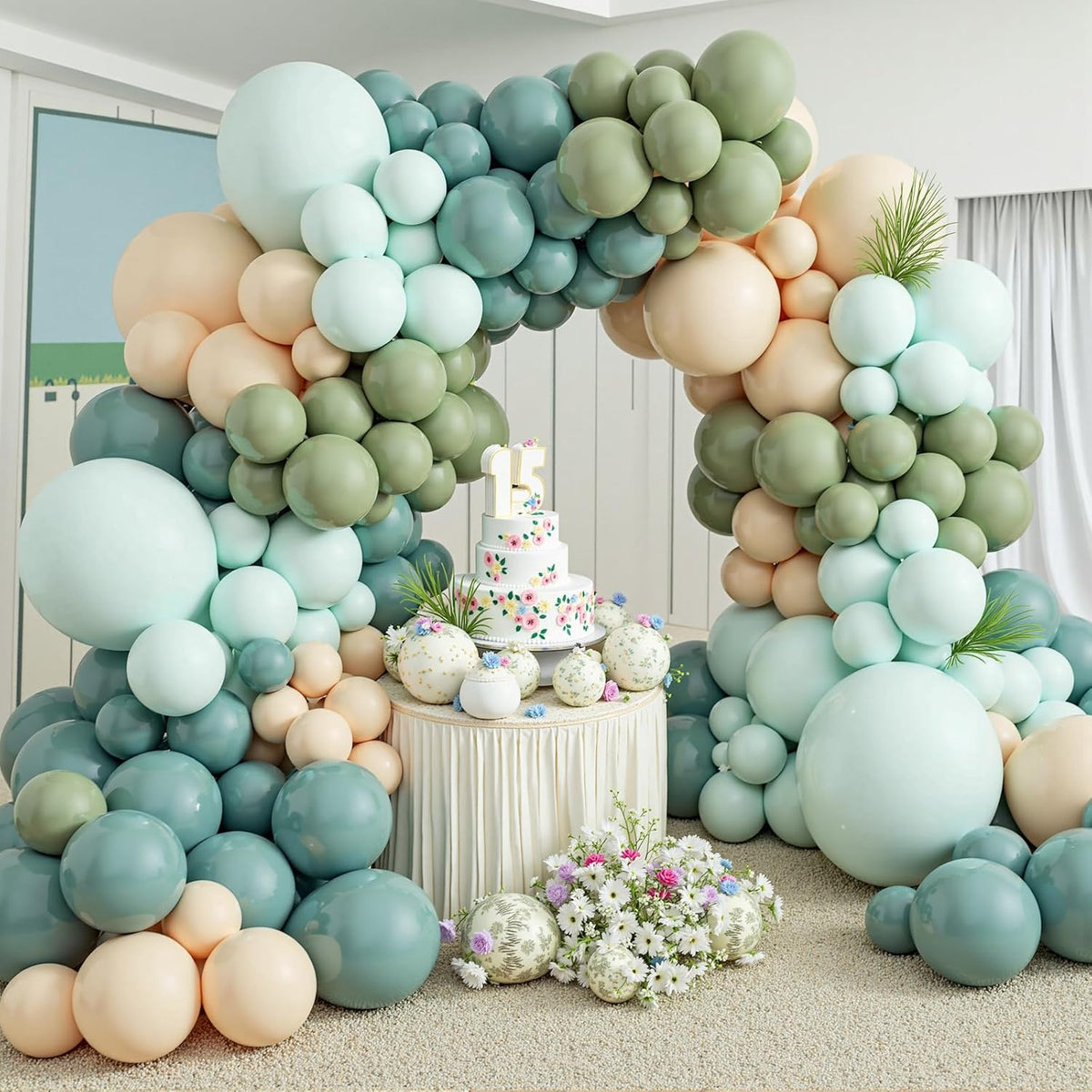 412Pcs Dusty Blue Green Balloon Garland Arch Kit,Haze Fog Blue Ash Mist Sage Green Sand White Gold