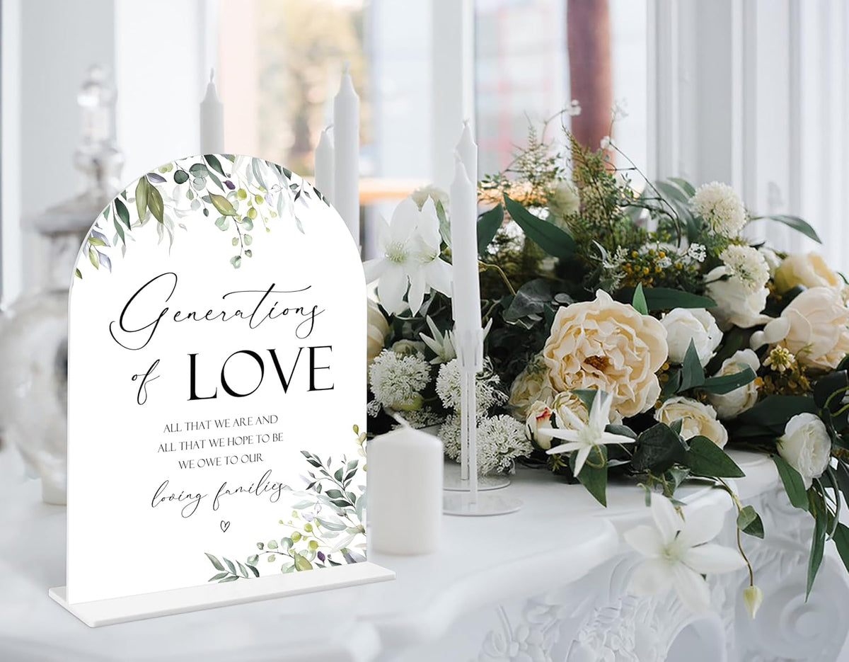 Greenery Generations Of Love Sign, 6 x 8 Inch White Arch Acrylic Wedding Sign with Holder, Wedding