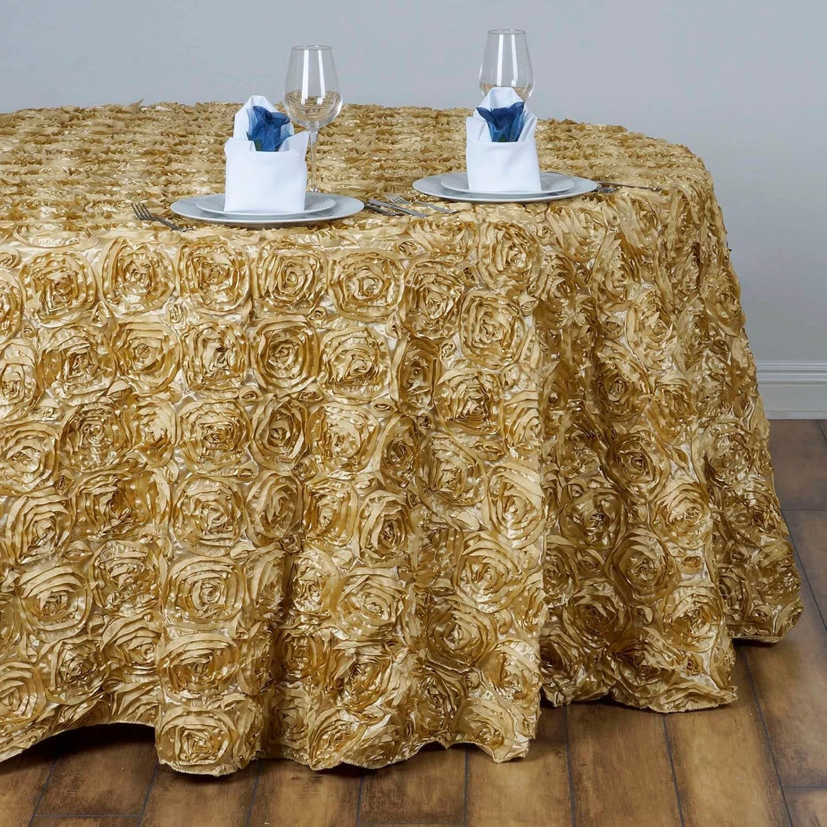 Efavormart 132" Wholesale Round Table Cover Champagne Grandiose Rosette 3D Satin Tablecloth for