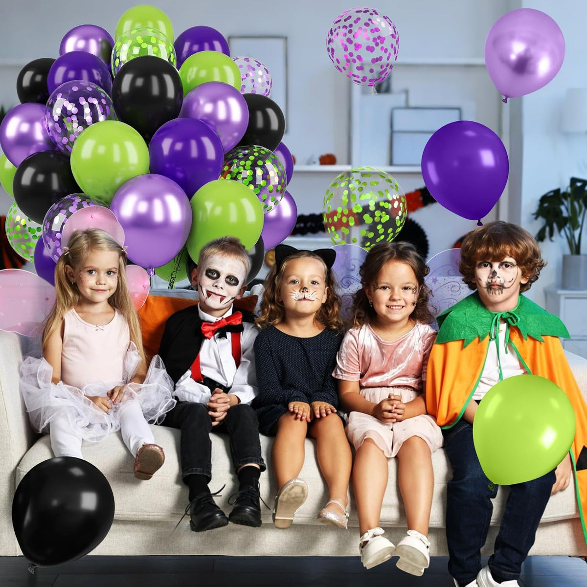 Purple Green Balloons, 12 Inch Halloween Balloons Set, Matte Black Fruit Green and Metallic Purple