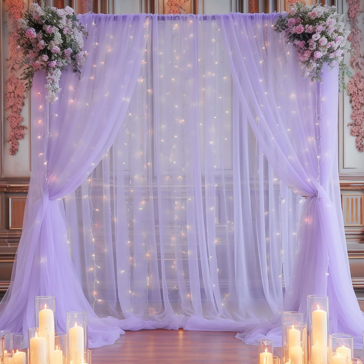 10x10ft Purple Tulle Backdrop Curtain with Lights String for Parites, Sheer Photo Backdrop Curtains