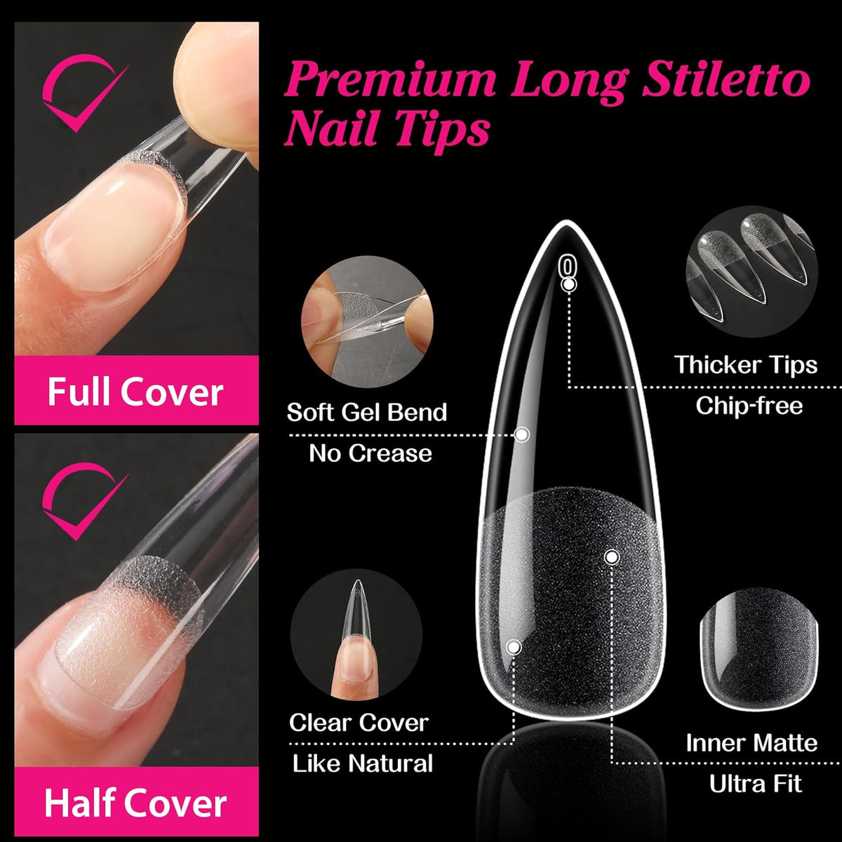 UNA GELLA Long Stiletto Gel Nail Tips Halloween Full Cover 504PCS Pre-shape Long Stiletto Almond