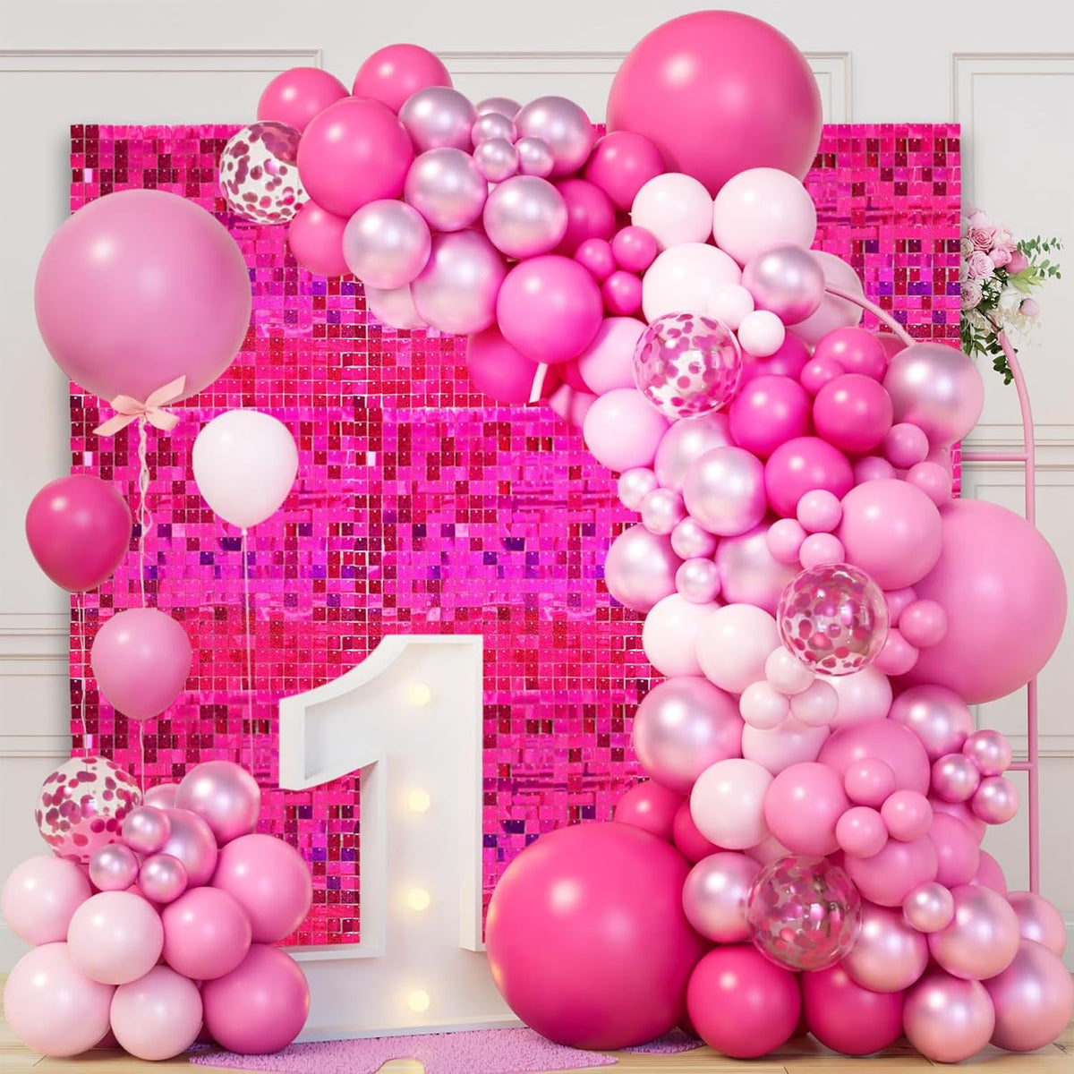 24PCS Fuchsia Shimmer Wall Backdrop, Laser Square Sequin Photo Backdrops Panel, Glitter Wall
