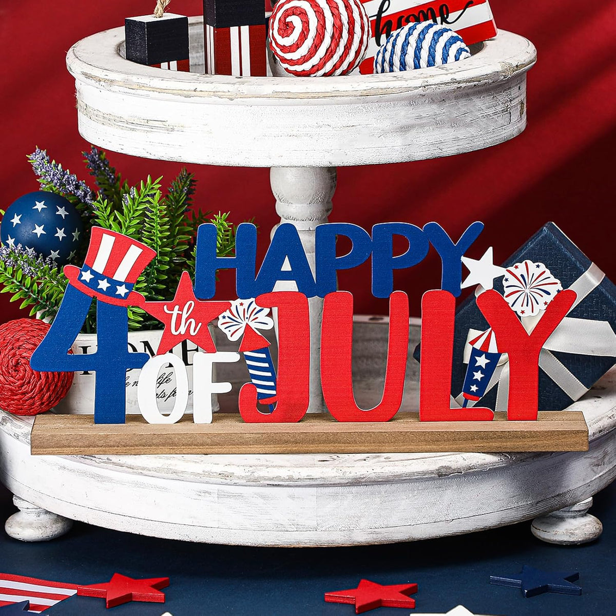 Happy 4th of July/Patriotic Metal Sign Rustic Table Decor Holiday Tiered Tray Decor with Wooden