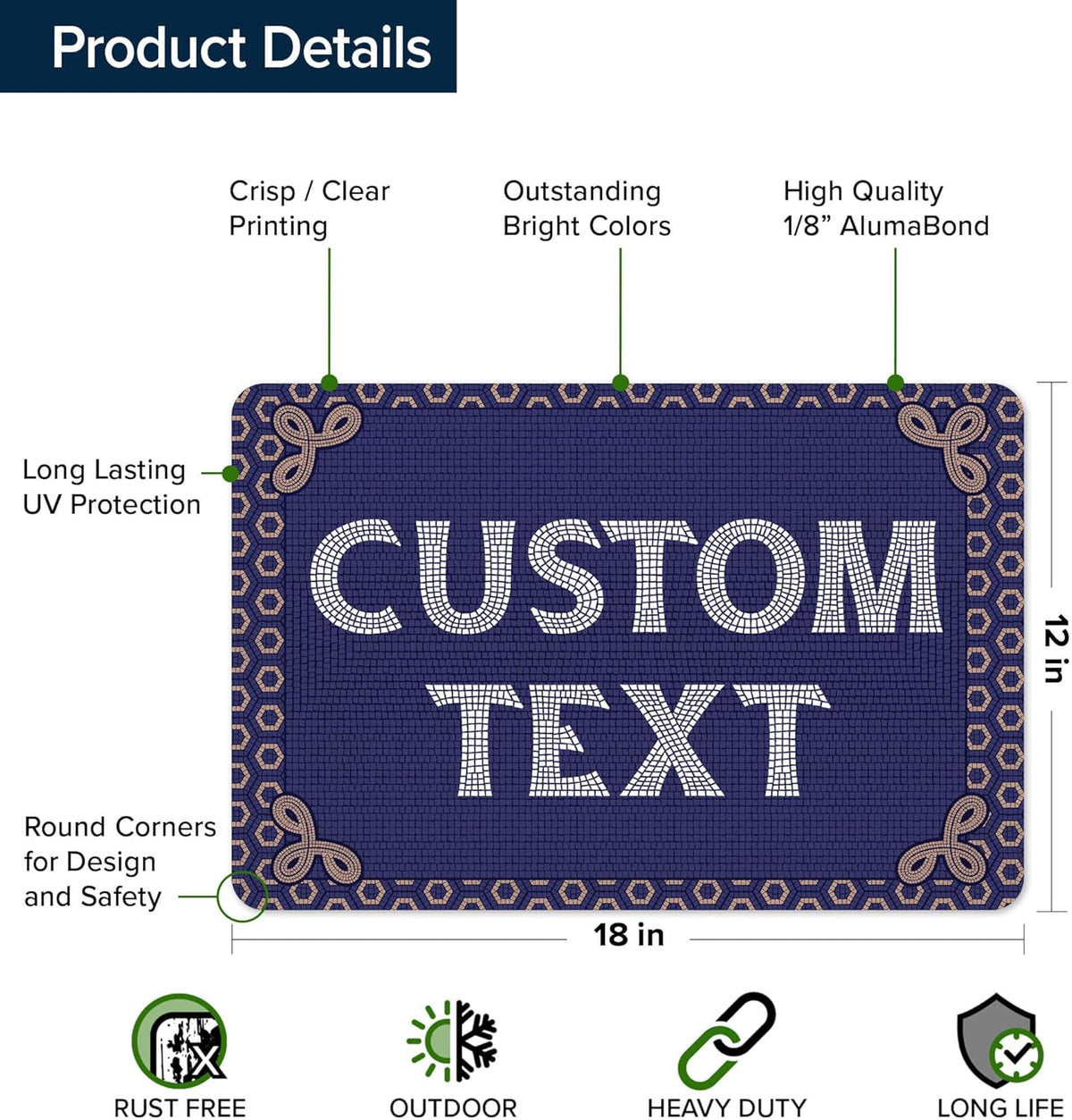 Custom Sign, Custom Street Sign, 11 Font Colors, 13 Font Styles, 4 Hole Options, 22 Sizes, 12x18