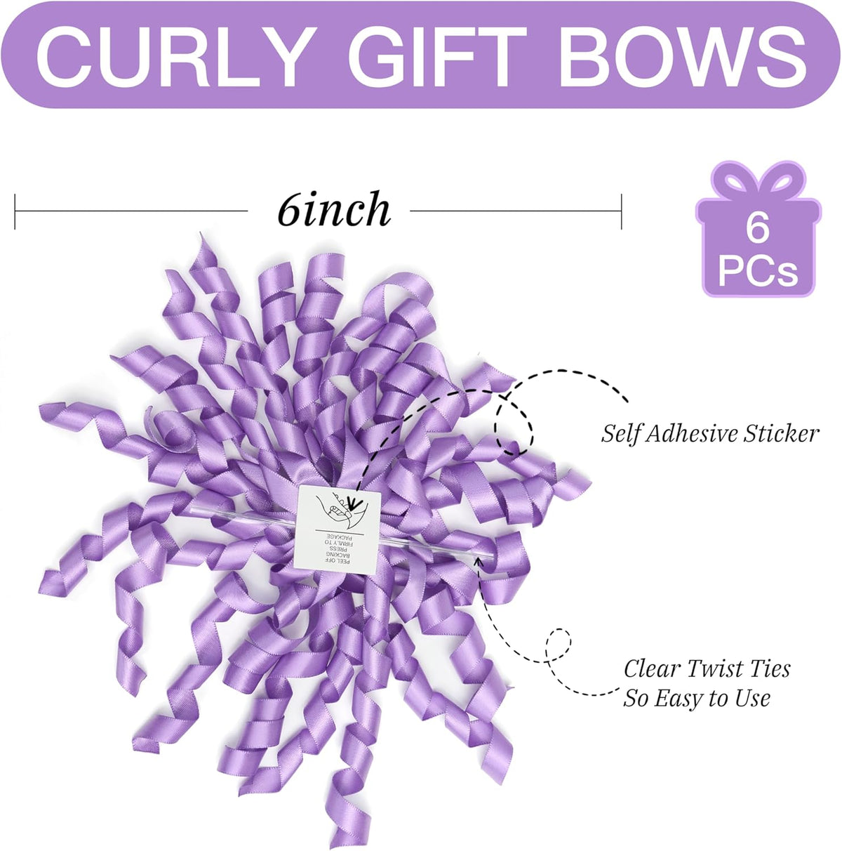 6 Inch Purple Curly Bows for Gift Wrapping Set of 6, Self Adhesive Bows Lilac Gift Bows for