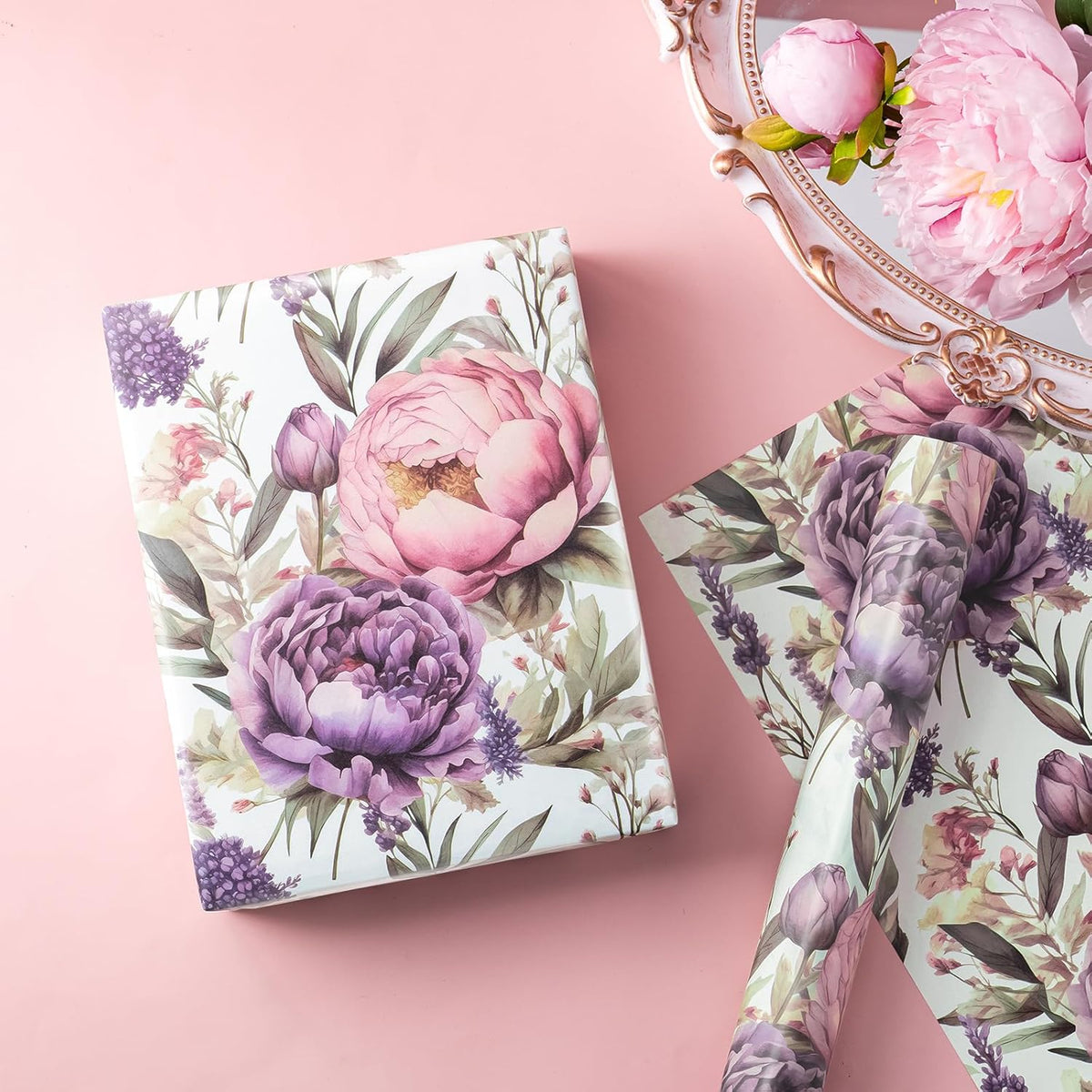 WRAPAHOLIC Floral Wrapping Paper Roll - Mini Roll - 17 Inch x 33 Feet - Purple Flower Wrapping