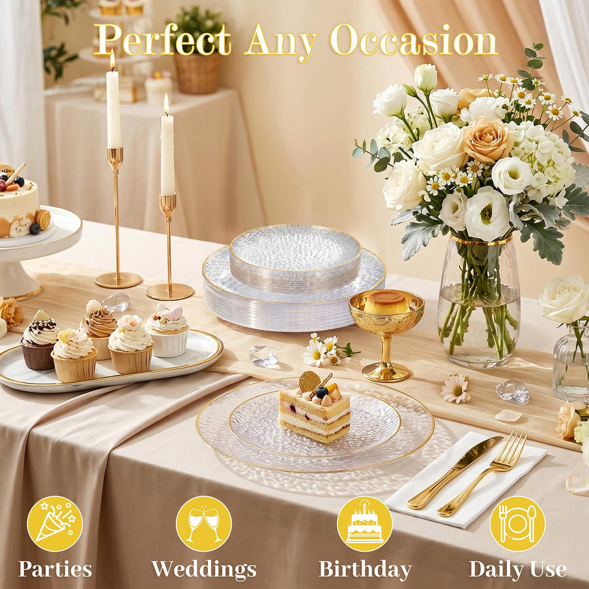 Rubtlamp 60Pcs Clear Plastic Plates,Clear Disposable Plates With Gold Rim,Heavy-duty Gold