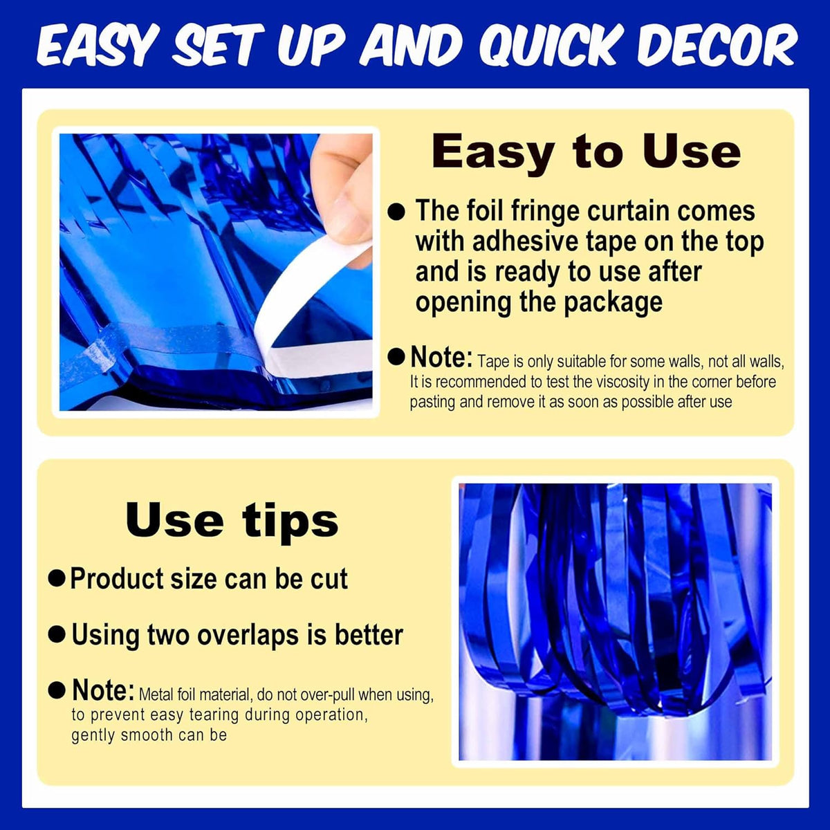 3 Pack Blue Foil Fringe Curtains Backdrop, 3.28 x 9.8 Ft Metallic Streamers Tinsel Curtains