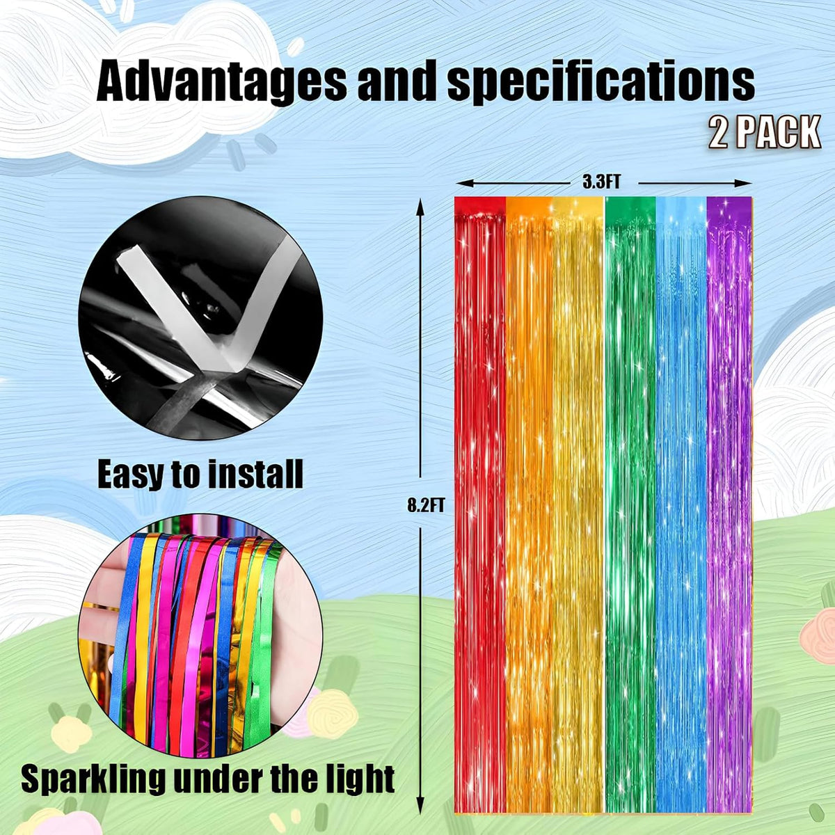 Keyali 2 Pack 3.3 * 8.3 ft Foil Curtain Metallic Tinsel Fringe Curtains Photo Booth Props Backdrop