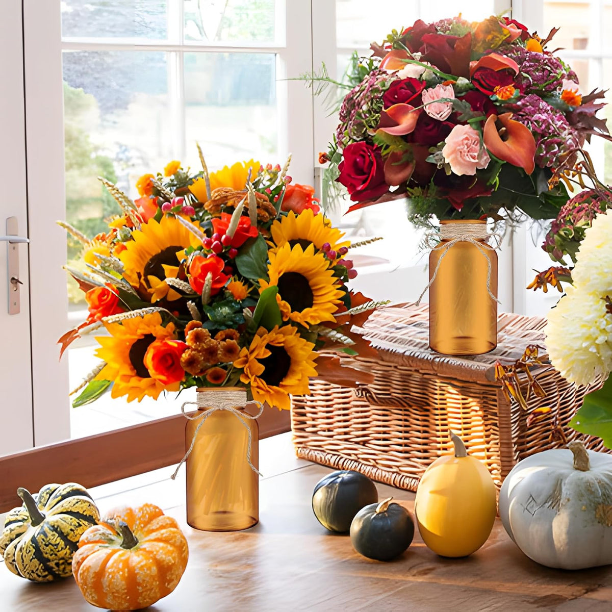 Vintage Glass Flower Vase，12 Pack Farmhouse Amber Gold Glass Centerpiece Vases Mason Jars for