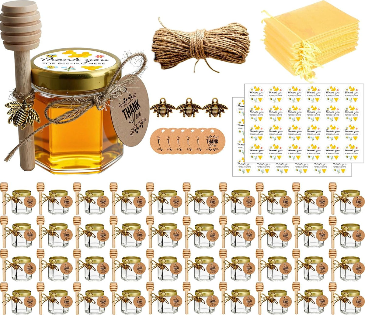 Honey Pot, Glass Honey Jars, Small Honey Jars with Wooden Dippers, Bee Charms, Gold Gift Bags and