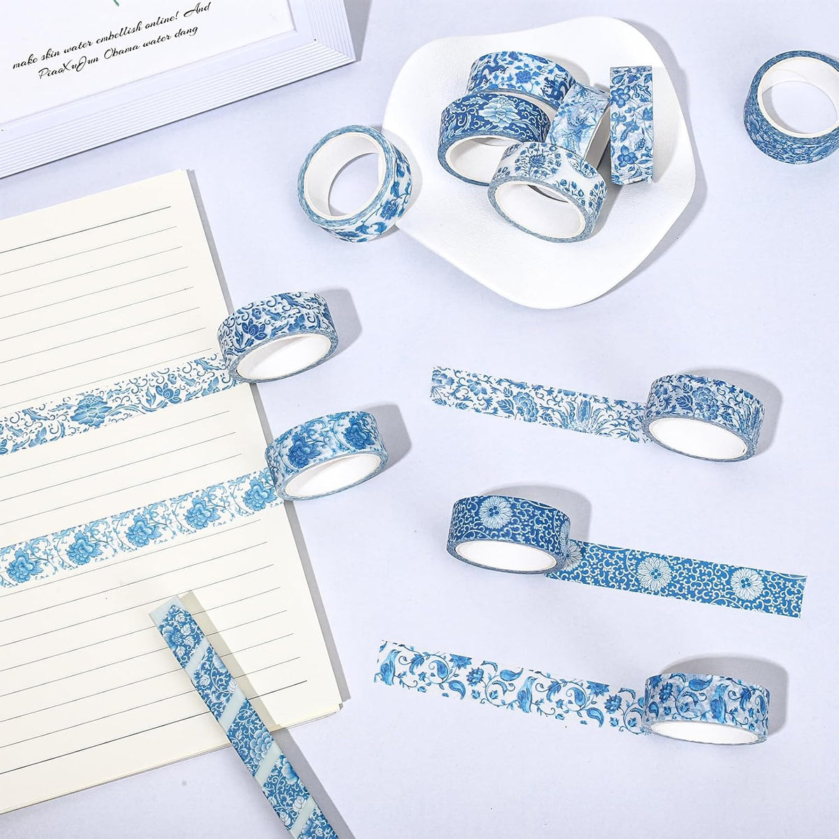 Whaline 12 Rolls Blue Floral Washi Tape Chinoiserie Flower Washi Tape Vintage Masking Decorative