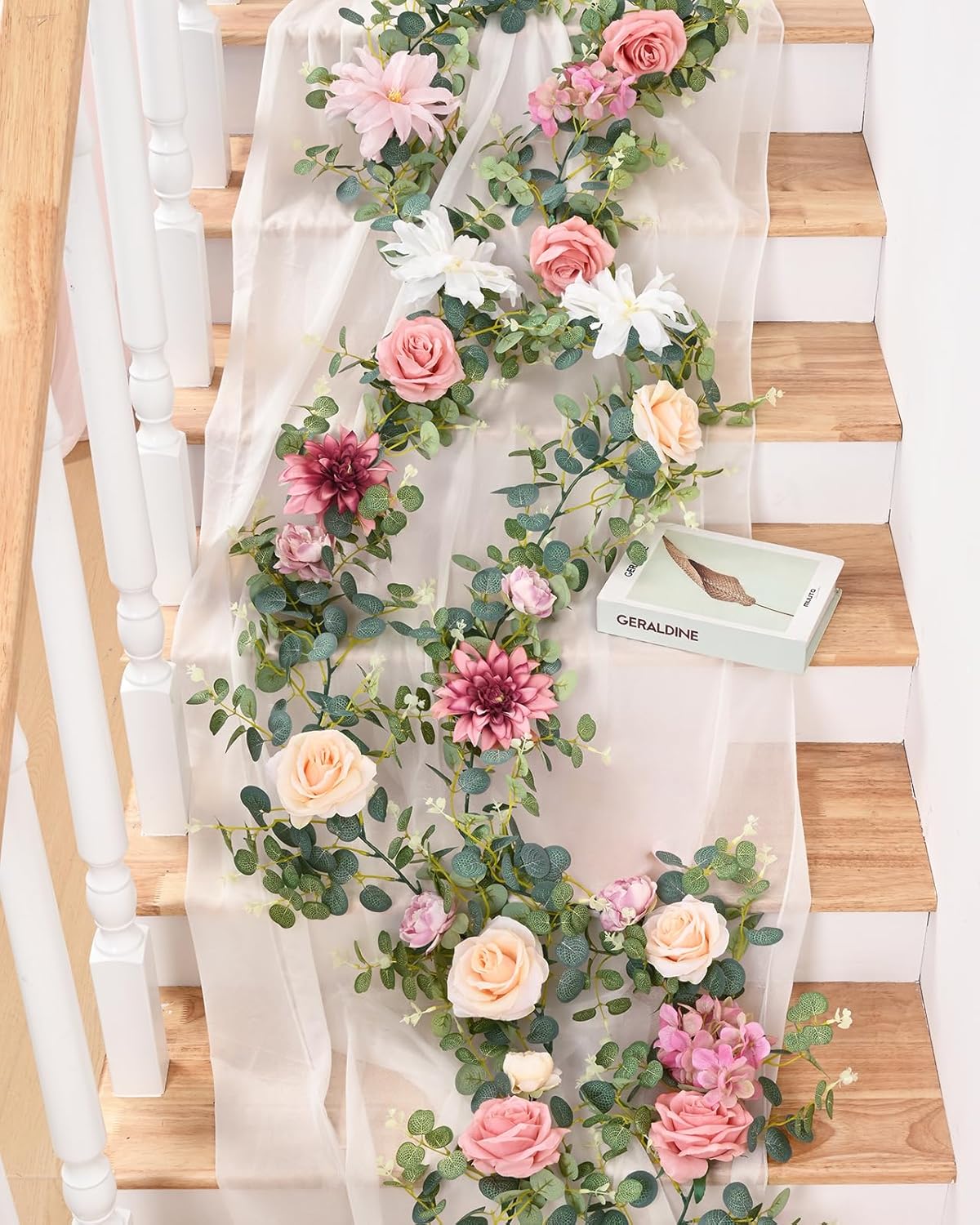 Waipfaru Flower Garland Decorations, 6.07Ft Pink Floral Rose Garland, Artificial Eucalyptus