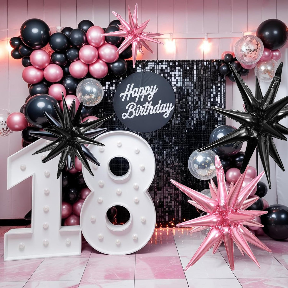Pink Black Star Balloons,9Pcs 22Inch Black and Pink Explosion Spike Cone Helium Polyester Film Star