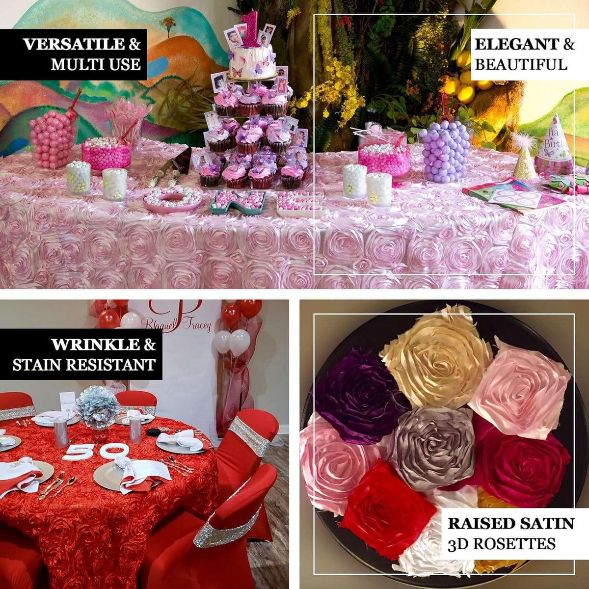 Efavormart 132" Wholesale Round Table Cover Ivory Grandiose Rosette 3D Satin Tablecloth for Wedding