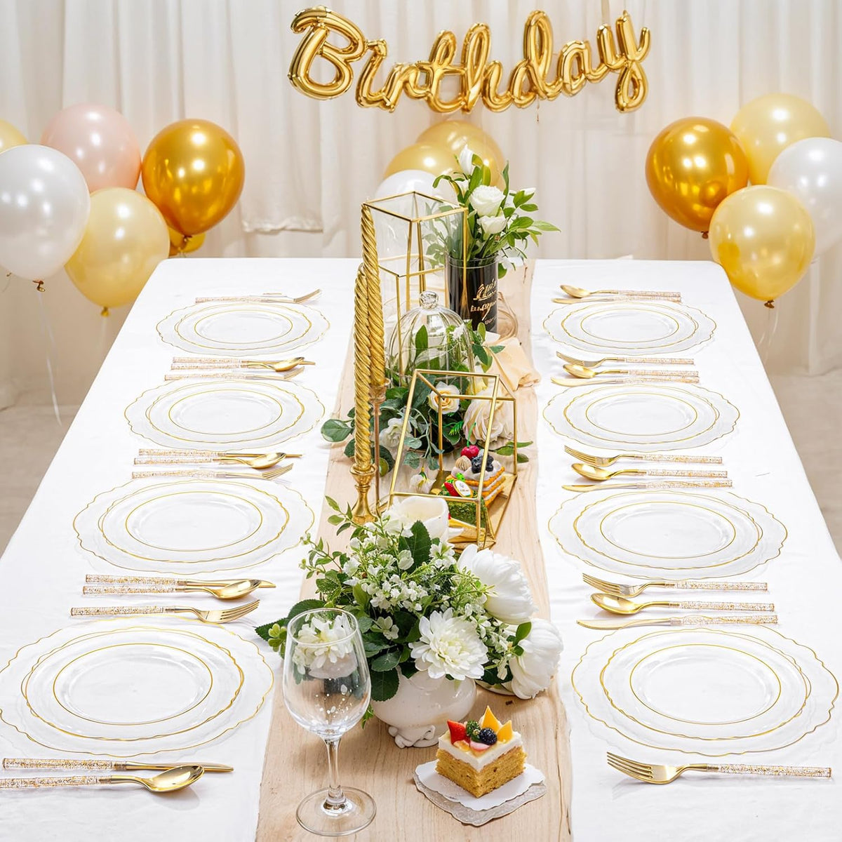 Liacere 150PCS Clear Gold Plastic Plates - Disposable Plastic Silverware with Glitter Bamboo Handle
