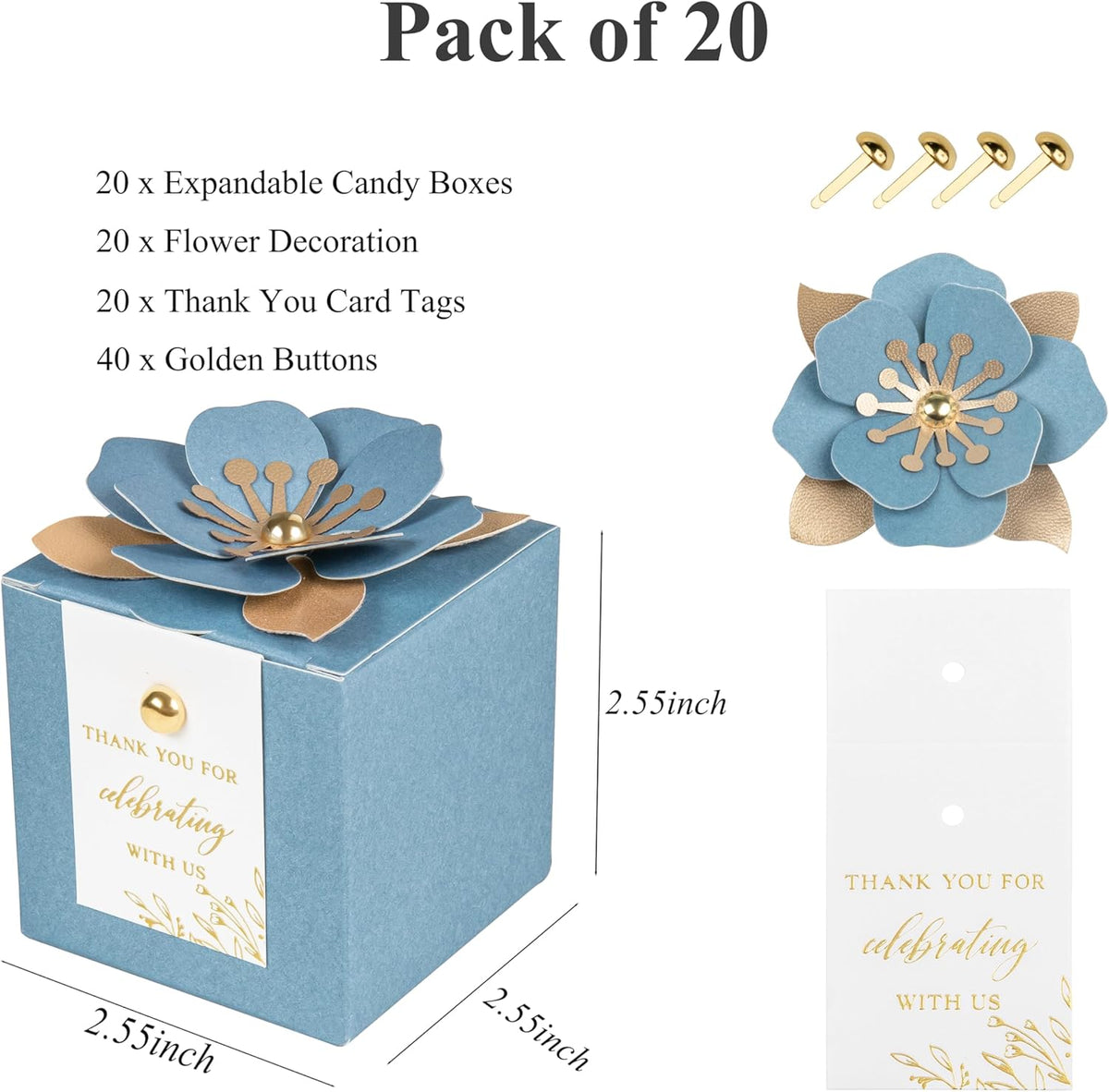 FEIYI 20 PCS Favor Boxes, 3 In 1 Dusty Blue Candy Boxes with Floral Decor, White Thank You Tags