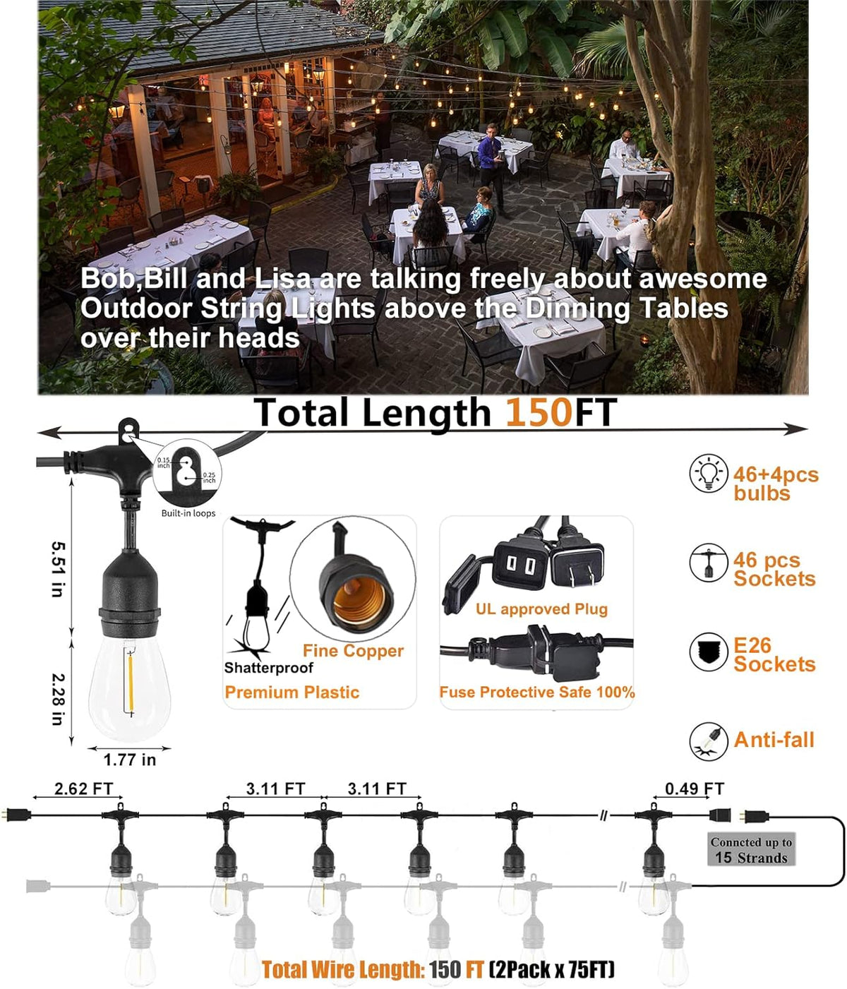 Achin Outdoor String Lights 150 Feet LED Waterproof Patio Lights with 50 Shatterproof Dimmable Warm