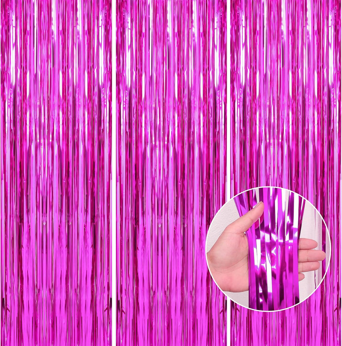 Crosize 3 Pack 3.3 x 9.9 ft Hot Pink Foil Fringe Backdrop Curtains, Streamer Backdrop Curtains