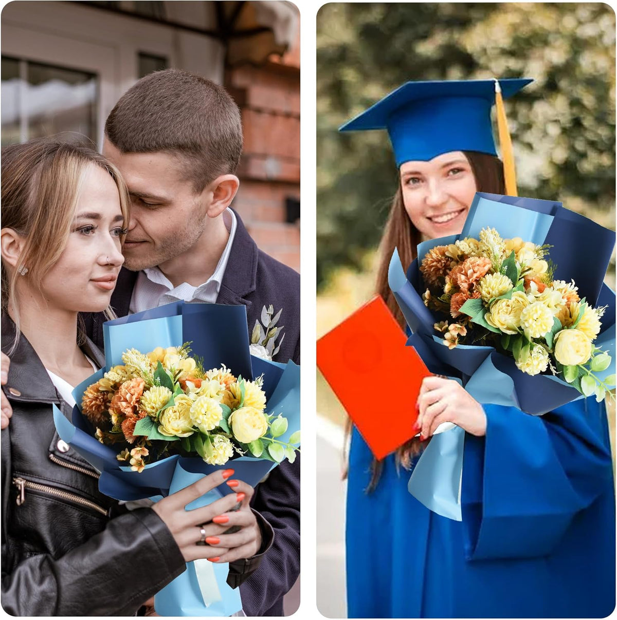 BEISHIDA 20Pcs Royal Blue and Sky Blue Double Sided Floral Wrapping Paper Matte Waterproof Flower