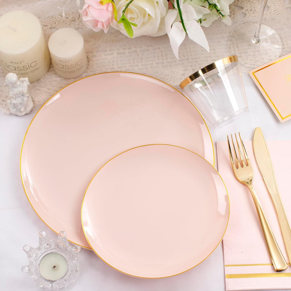 NOCCUR 350PCS Pink and Gold Plastic Plates - Pink Disposable Plastic Dinnerware Set for 50 Guests