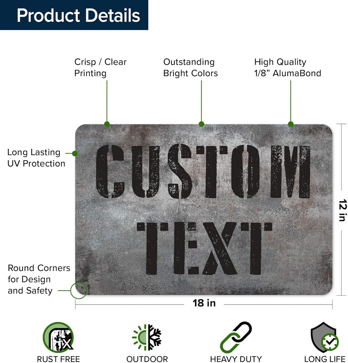 Custom Sign, Custom Street Sign, 11 Font Colors, 13 Font Styles, 4 Hole Options, 22 Sizes, 12x18