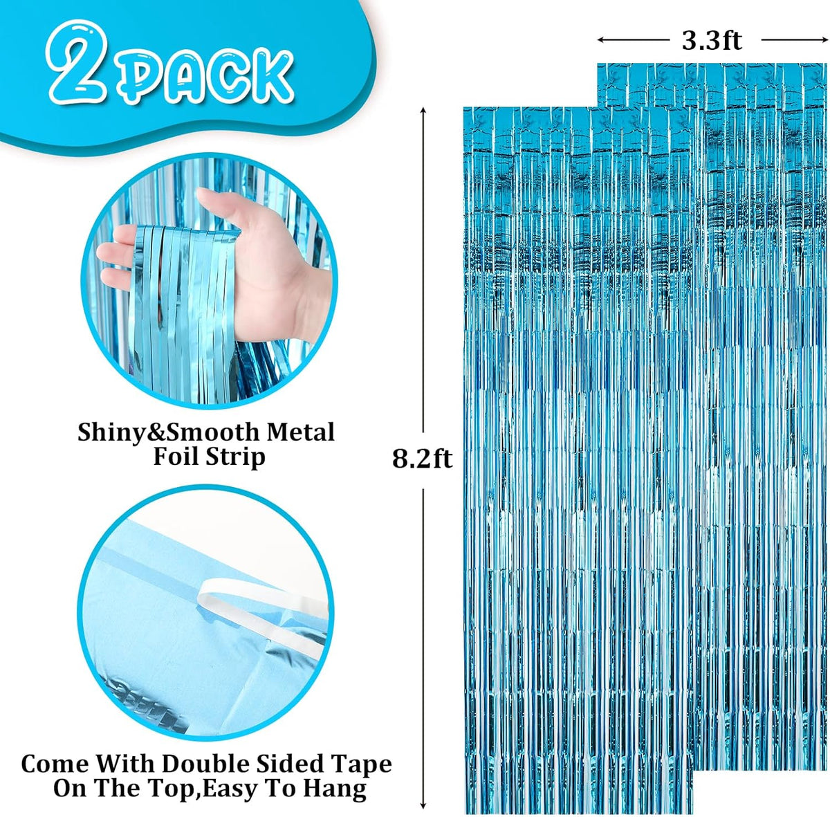 2 Pack 3.3x8.2 Feet Light Blue Foil Fringe Backdrop Curtains, Tinsel Streamers Birthday Party