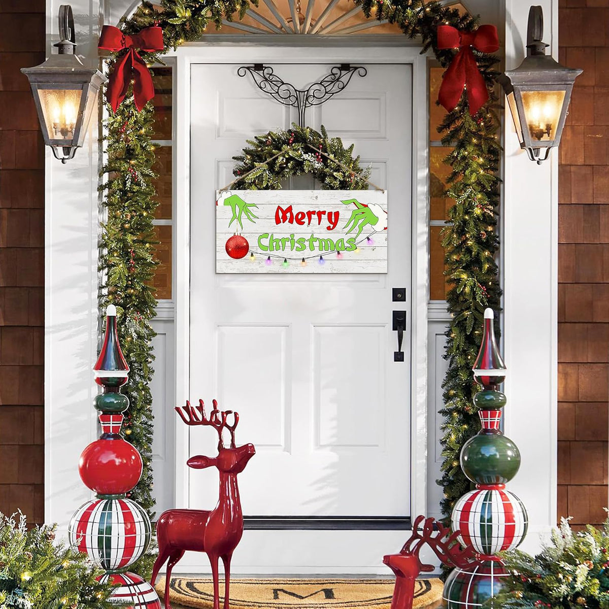 Merry Christmas Hanging Door Sign, Crazy Funny Green Festive Wooden Wall Welcome Decor Winter