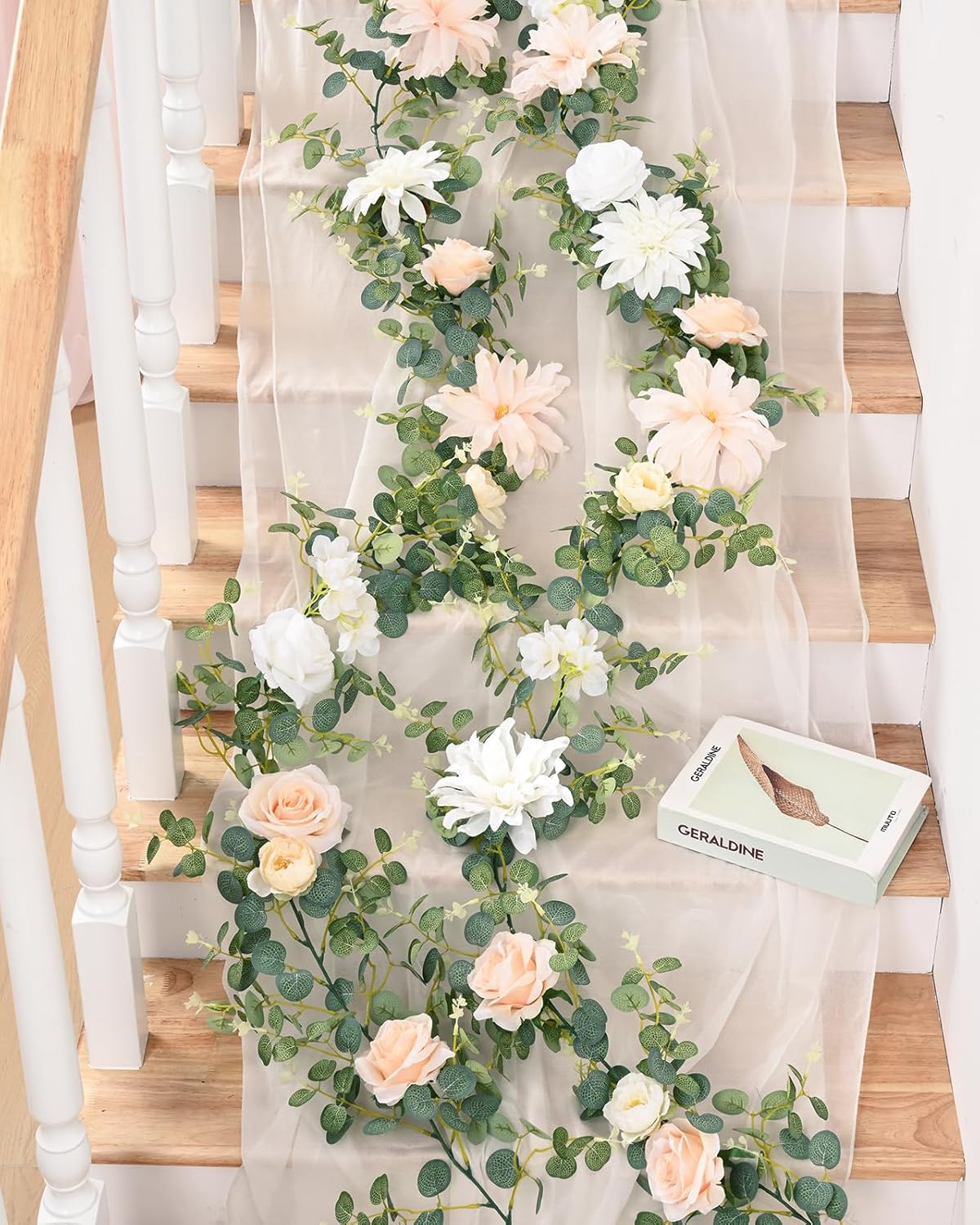 Waipfaru 2Pcs 6.07Ft Eucalyptus Greenery Garland with Flowers, Dusty Blue and White Rose Flower