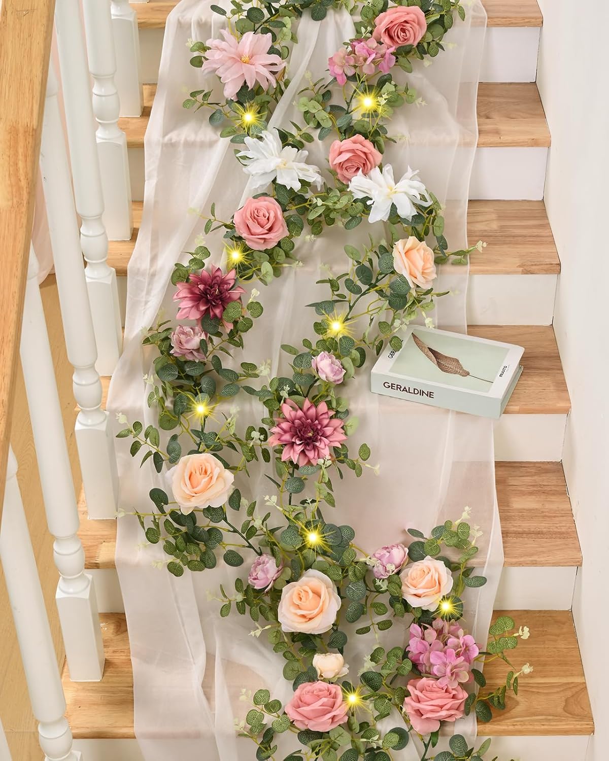 Waipfaru Artificial Flower Garland with Lights, 6.07Ft Lighted Eucalyptus Greenery Garland, Pink